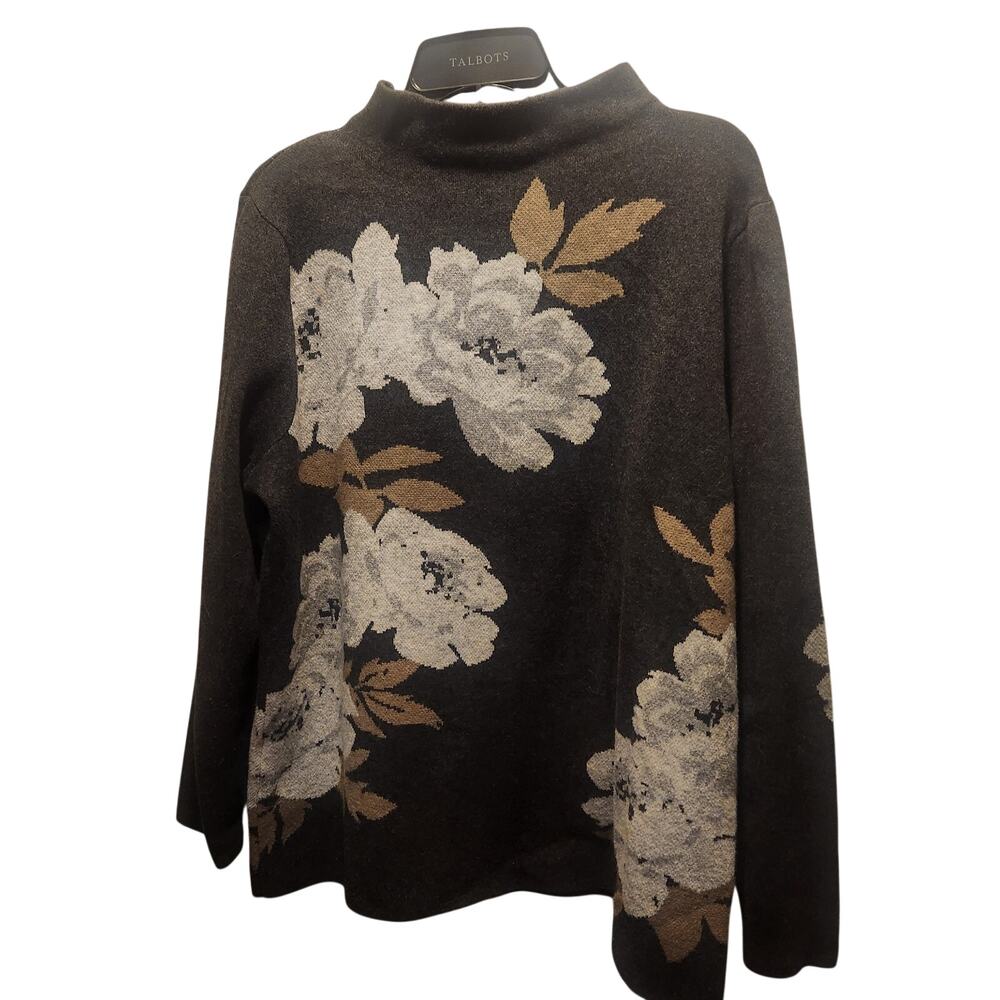 J Jill Majestic Funnel Neck Sweater Grey With Florals Size L